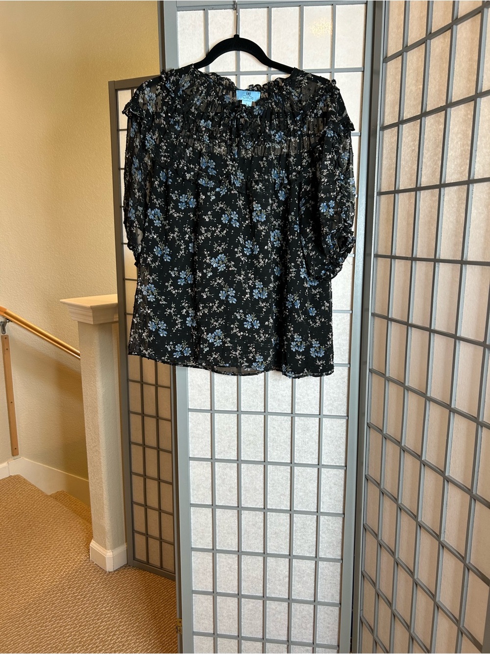 CeCe Black Floral Ruffled Blouse